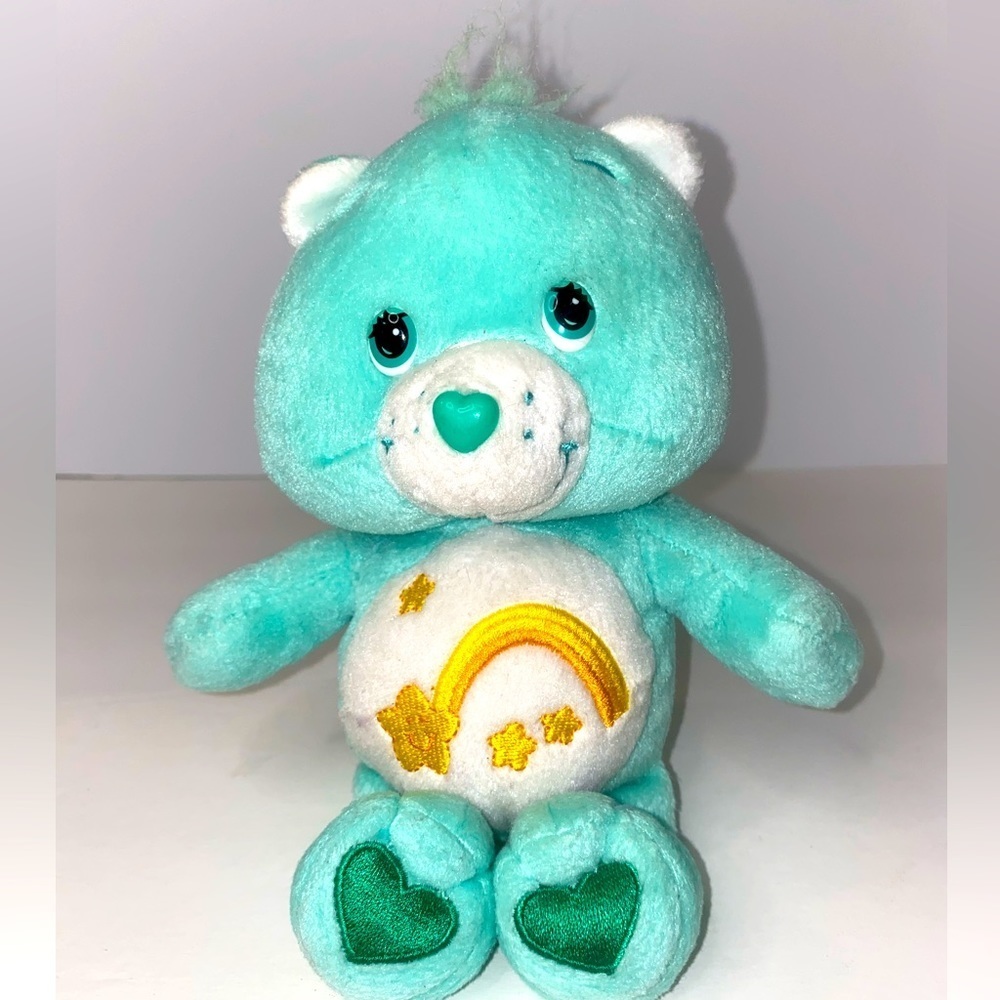 Care Bears 2002 Wish Bear Teal Green 7-8" Play Along Pellets In Bottom To Sit